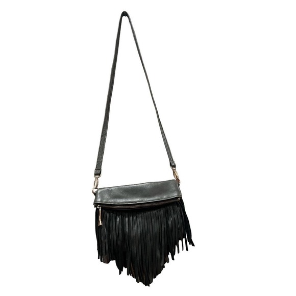 GG BOSS Boho Fringe Leather Crossbody Bag Black Grey - Picture 2 of 7
